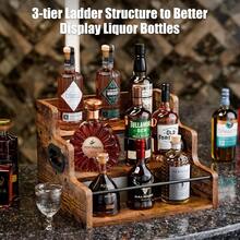 MOSENLR Liquor Bottle Display Shelf, Coffee Syrup Rack Organizer, 3 Step Countertop Wine Rack, Mini Bar, Retro Bar Shelf Stand For Whiskey, Spirits