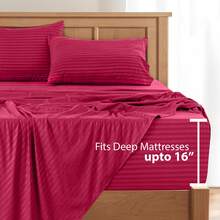 Lux Decor 4 Pc Stripe Bed Sheets, High GSM Brushed Microfiber Bedding Set With Deep Pocket Fitted Sheet & Pillowcases. Soft, Breathable, Hypoallergenic, Easy Care, And Wrinkle Resistant For Year-Round Comfort And A Classic Hotel-Quality Look. - 酒紅色 - 查看 3