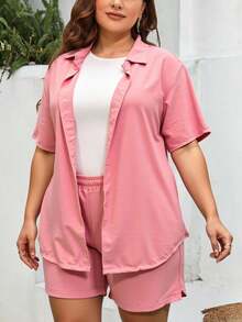 Set Triple de Estilo Relajado: Blusa Abierta, Top Básico y Short de Cintura Alta mod DIANA - Rosa Pálido - Ver 1