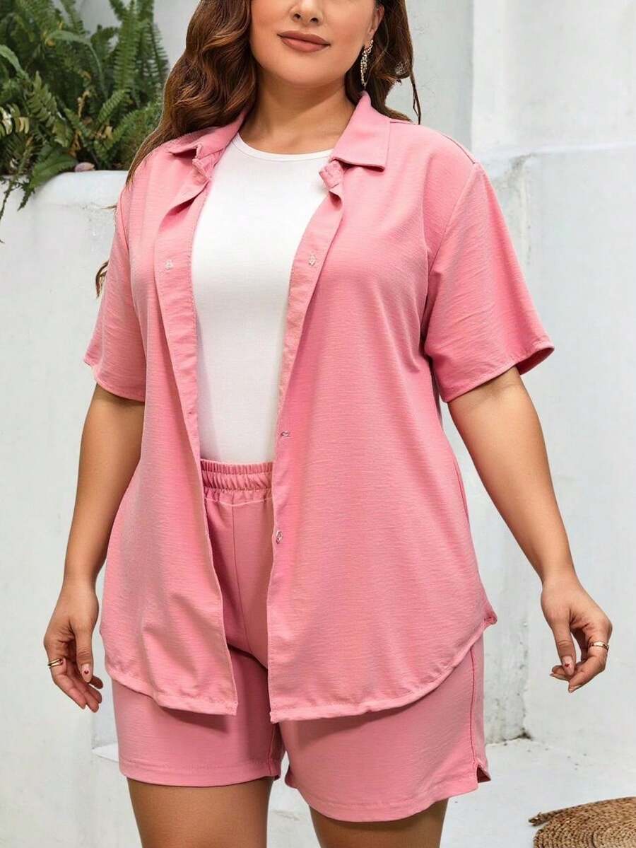 Set Triple de Estilo Relajado: Blusa Abierta, Top Básico y Short de Cintura Alta mod DIANA - Rosa Pálido - Ver 1
