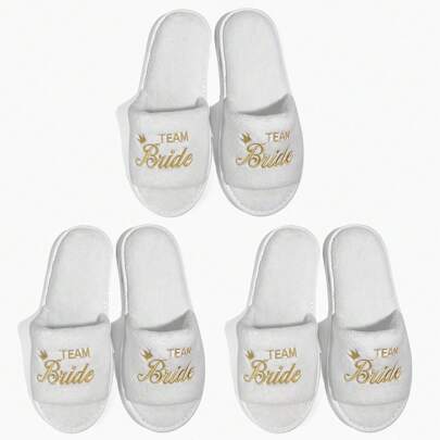 3 Pairs/Set Women's Gold Embroidered Logo Open Toe, White Coral Fleece Material, 5mm Thick Comfortable EVA Sole, Wedding Supplies, Disposable Bride & Bridesmaid Slippers
