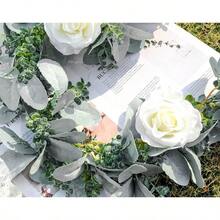 CZ Miracliy 6 Ft Eucalyptus Garland With Flowers Lambs Ear Greenery White Roses Flower Garland Fake Vines For Wedding Boho Table Mantle Backdrop Party Farmhouse Home Decor 8434 - 白玫瑰植絨 - 查看 4