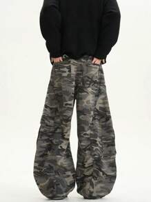 1 Stück Retro Amerikanischer High Street Utility Camouflage Patchwork Lässige Weite Bein Jeans Cargo Hose für Herren, Emo Stil