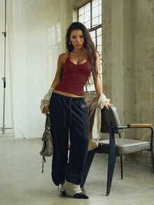 女士性感吊带背心和T恤 - 酒紅色 - 查看 3