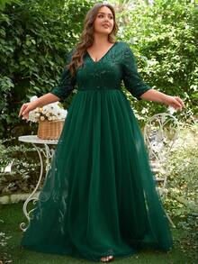 Vestido formal de gala de talla grande para mujer, con lentejuelas y corte evasé - Verde Oscuro - Ver 7