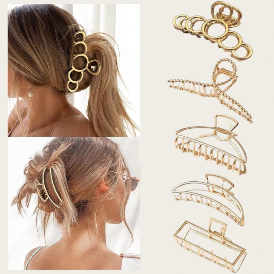 5pcs Hair Clips Set, Golden Large Clips For Thick And Thin Hair, Non-Slip Metal Hair Clip, Hair Clip Hair Claw For Women Hair Styling Tool - 5件 - 查看 1