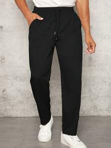 Men's Solid Drawstring Waist Long Fitted Trousers In Fresh Linen, Plain Khaki Color, Ideal For Going Out - 黑色 - 查看 1