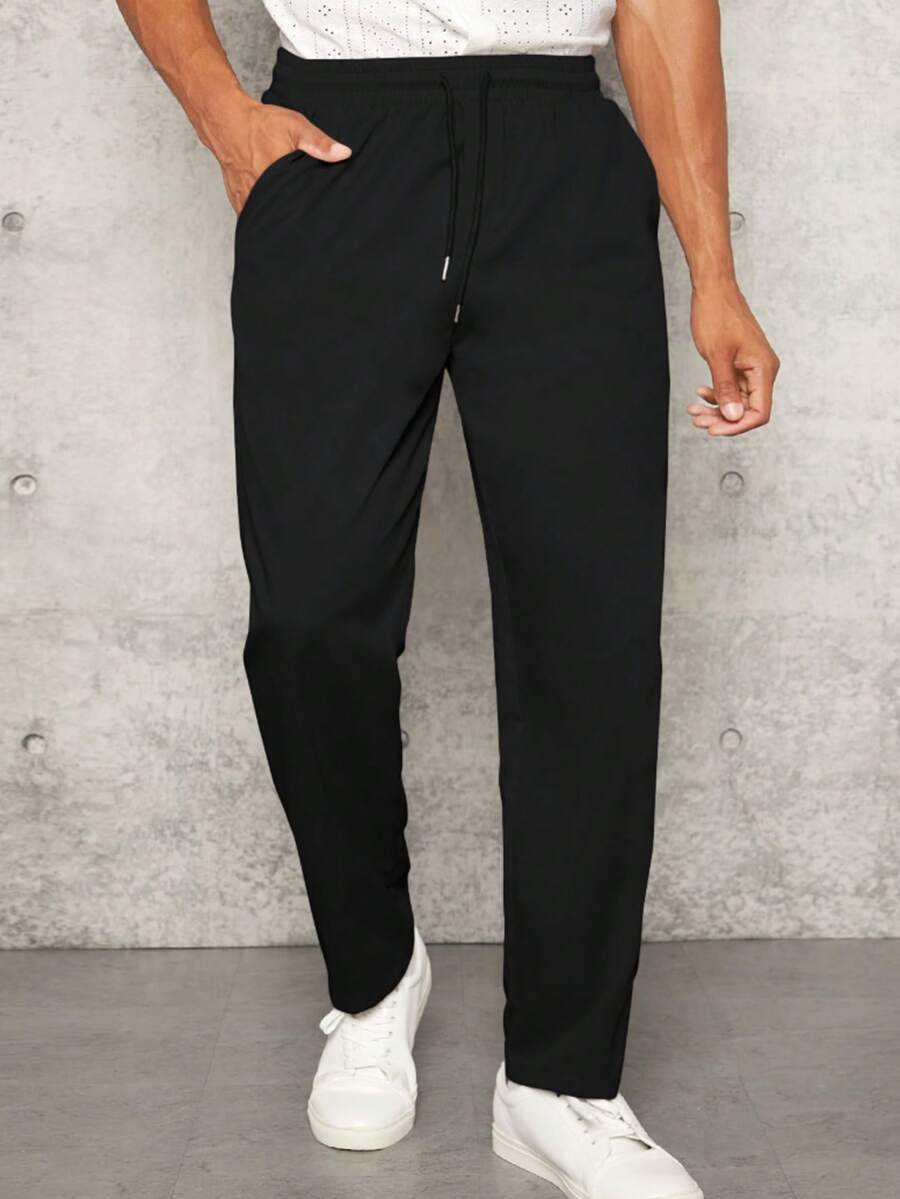 Men's Solid Drawstring Waist Long Fitted Trousers In Fresh Linen, Plain Khaki Color, Ideal For Going Out - 黑色 - 查看 1