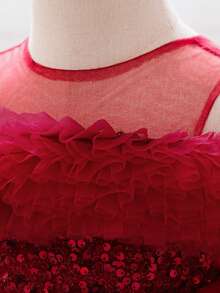 女婴亮片薄纱可爱花童婚礼拖尾礼服，适合派对、生日、外出等场合，不含头饰 - 酒紅色 - 查看 7