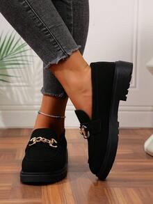 Damen Lässig Rundkopf Loafer, modisch mit Ketten-Dekor und abgenutzter Optik, rutschfeste Gummisohle, Slip-On Collegestadt/Landstil Schuhe, bequem für alle Jahreszeiten, Stofffutter