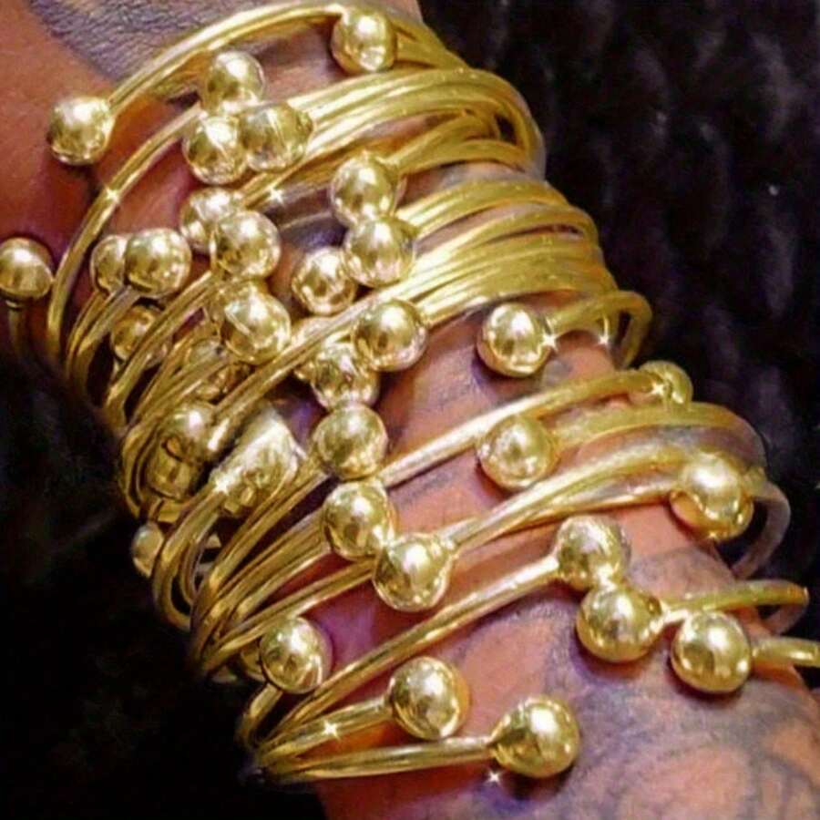 Retro Boho Thick West Golden Bangles 10mm Ball Bangles Boho Stacking Bangles Handmade Bangles For Women Daily Holiday Jewelry Gifts For Her - Golden2 - 查看 1