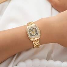 xinyunkou 韩式方形女士手表，不锈钢表带镶有水钻，浅蓝色小表盘，白色表盘，奢华小巧别致休闲手链表 - 金色 - 查看 4