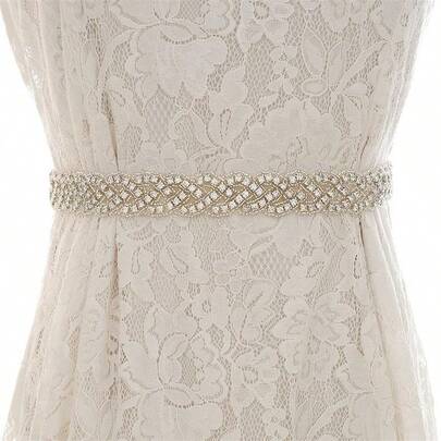 1 قطعة شريط ساتان كلاسيكي بيج مزين بالراين ستون للعروس، حزام فستان الزفاف، إكسسوار عروس لامع