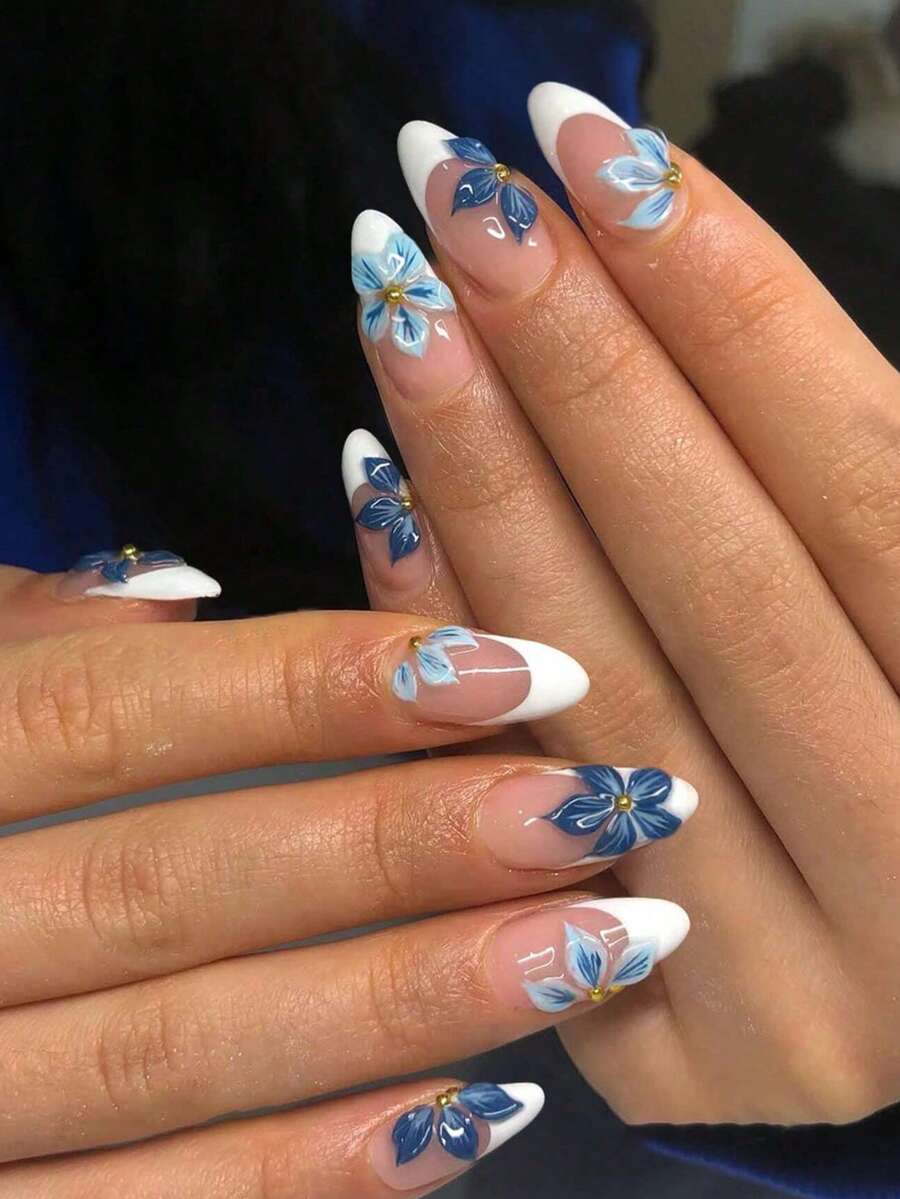 24片杏仁形3D凝胶花朵白色法式美甲贴纸,完美适用于亚克力假指甲,包含1片果冻凝胶和1个指甲锉,适合女性和女孩日常、工作、学习和派对美甲DIY用品 - 藍色 - 查看 1