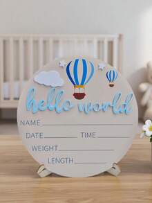 1 peça de adereços para fotografia de recém-nascidos, placa de anúncio de nascimento de bebê "OLÁ, MUNDO", placa de madeira para anúncio de nome de bebê, itens memoriais para bebês, presentes de Páscoa para chá de bebê, meninas/meninos - Dois balões de ar quente azuis - Ver 4