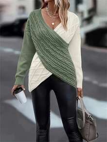 Plus Size Solid Color Patchwork Long Sleeve Casual Twist Rope Pullover Sweater, Elegant Party & Holiday Wear For Women, Autumn/Winter - Green - View 4