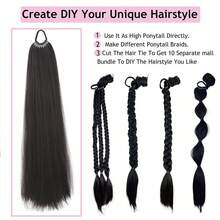 24 Inch Synthetic Ponytail Hair Extensions, Black Natural Braided Ponytail Wig, Long Straight Hair, Elastic Band Fastener, For Women - Multicolor - View 5