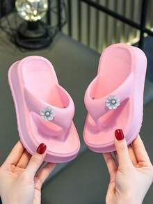 HAHABOBO 女童粉色花朵人字拖，时尚厚底凉鞋，适合夏季室内外穿着，可爱珍珠花朵装饰沙滩鞋 - 粉色 - 查看 4