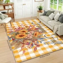 1 Stück Thanksgiving Rustikaler gelber Karomuster & Gänseblümchen Muster Fußmatte, weich rutschfest saugfähig waschbar Küchenmatte, festliche gemütliche Eingangsmatte, rechteckiger Florteppich Feiertags-Heimdekoration für Wohnzimmer, Schlafzimmer, Küche, Waschraum, Badezimmer