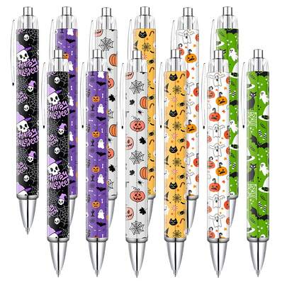 1/6/12/18/24pcs Halloween Ballpoint Pens, Bulk Halloween Party Pens, Retractable Novelty Pumpkin, Skull, Bat, Spider Design, Black Ink, Office, School, Party Favors