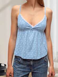 Women Camisole, Sleeveless Tops V-Neck Backless Lace Trim Floral Summer Vest For Party Club - 藍色 - 查看 4