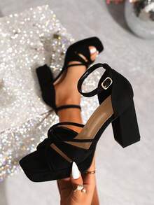 Giày sandal cao gót nữ với quai độc đáo, đế dày, hở mũi, quai ngang mắt cá chân, màu đen, thoải mái, thanh lịch, phù hợp cho tiệc tùng, thời trang, đa năng, du lịch. - màu đen - Xem 5