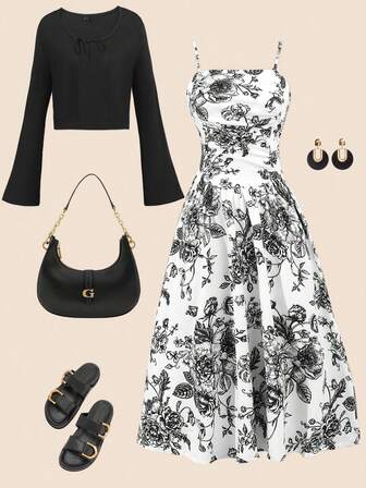 2pcs Women Set: Bell Sleeve Jacket And Vintage Floral Print Camisole Dress