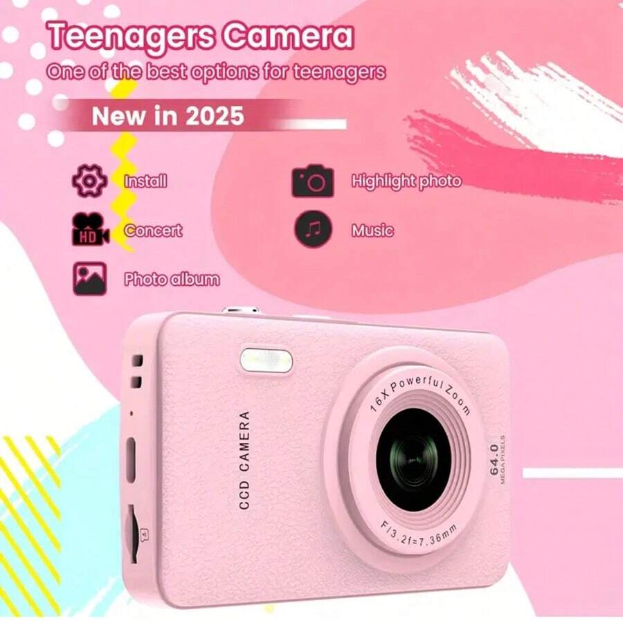 W&O 2025 48MP 1080P Full HD Digital Camera - 2.4-Inch Portable Auto-Focus Vlogging Camera With 32GB Card & 16X Zoom | USB-C Rechargeable,  Puzzle Game - 粉色 - 查看 1