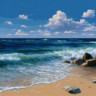 1 Set Of 40x40cm-15.7x15.7inches/50x50cm-19.7x19.7inches Frameless 11CT/14CT Printed Fabric Cross Stitch DIY Kit, Featuring Seaside Blue Sky, White Clouds, And Wave Patterns, Suitable For Adults And Beginners To Relax And DIY Embroidery Set, Including Printing Cloth, Needles, Threads, Drawings, And Instructions. Handmade Artworks, Home Wall Decorations, Gifts