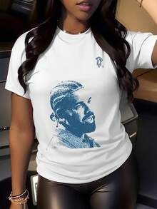 Stylish Blue Portrait Graphic Print T Shirt 220g Casual Summer 1pcs Women's 100% Cotton Tee Short Sleeve  Loose Fit - 白色 - 查看 1