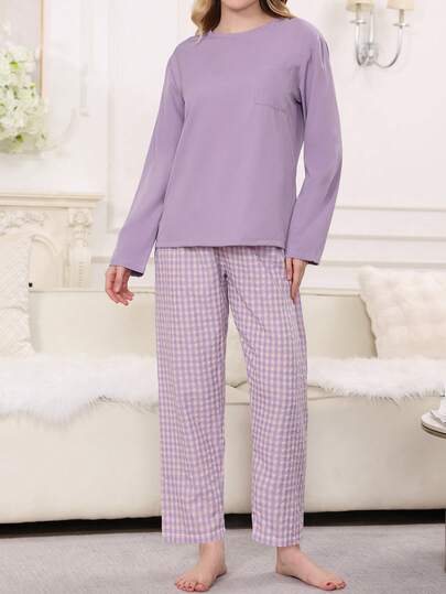 Set de 2 piezas de pijama holgado, parte superior de unicolor con bolsillos y pantalones a cuadros morados, conjunto de ropa de estar en casa casual, ropa de invierno