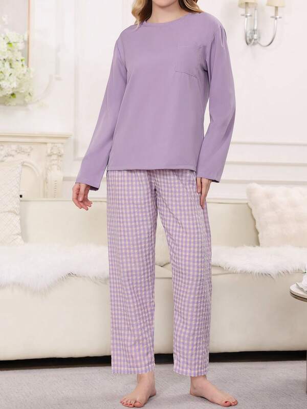 2pcs Set Loose Pajamas, Solid Color Top With Pockets And Purple Plaid Pants, Casual Sleepwear Lounge Set, Winter Clothes