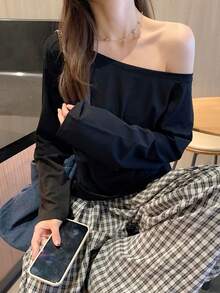 Loose Fit Versatile Off Shoulder Long Sleeve T-Shirt, Elegant Casual Layering Top, Spring/Summer