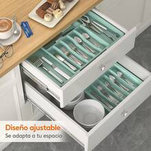 Caja de almacenamiento de vajilla, bandeja retráctil para vajilla, bandeja de vajilla para cajón de cocina, caja de almacenamiento compacta ajustable para vajilla, cuchara, tenedor, cuchillo, tamaño, negro - Turquesa - Ver 1