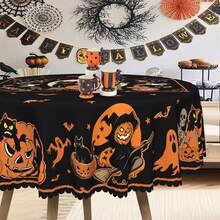 1 Stück Halloween Thema Tischdecke, Katze Mond Geist Fledermaus Orange Schwarz Muster Tischdecke, Halloween Party Dekoration, Herbst Thema Party, Feiertags Heim Dekoration, geeignet für Innen & Außen, Rund/Rechteckig/Tischdecke - Verschiedenfarbig - Übersicht 8