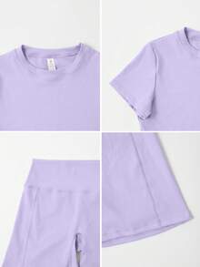 Conjunto deportivo de verano para mujer de unicolor simple con pantalones cortos y manga corta - Morado - Ver 3