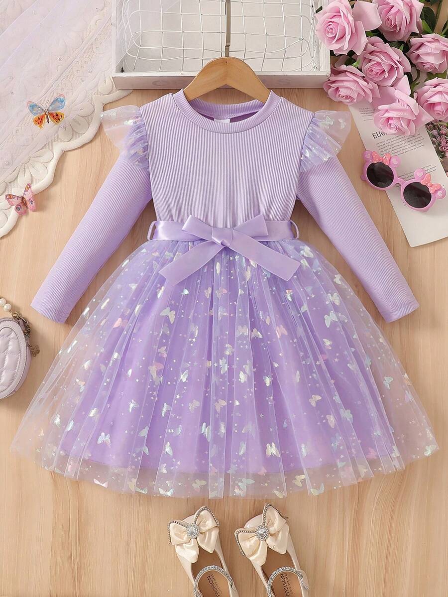 Vestido de manga larga elegante para niñas, con manga acampanada de malla de red con mariposas de colores y cinturón, adecuado para uso casual diario y fiestas de cumpleaños