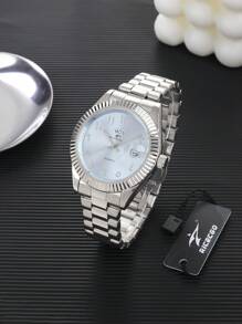 RICECGO 男士经典石英表，圆形表盘，双日期显示，不锈钢表带，适合日常佩戴，也是理想的生日礼物和商务着装之选。