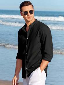 Runcati Men Linen Shirt Button Down Long Sleeve Cotton Beach Band Collar Casual Summer Shirts - màu đen - Xem 4