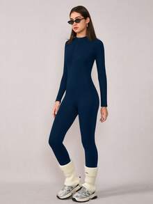 NcmRyu 1件装女士修身立领拉链塑形提拉健身运动跑步瑜伽连体裤 - 藏蓝色 - 查看 8