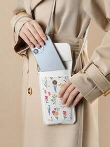 1 pieza Bolsa de teléfono con pantalla táctil para mujeres, bolsa bandolera para niñas, linda y bolsa de hombro|Bolsa bandolera pequeña mini con estampado floral, cuero sintético, cierre magnético, característica de orificio de carga - Multicolor - Ver 4