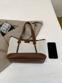 1 件棕色针织面料顺滑拉链时尚休闲拼布 2025 春夏新款小众大容量单肩托特包，适合女性日常使用 - 棕色 - 查看 7