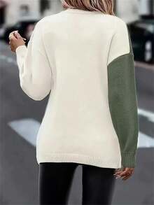 Plus Size Solid Color Patchwork Long Sleeve Casual Twist Rope Pullover Sweater, Elegant Party & Holiday Wear For Women, Autumn/Winter - Green - View 2