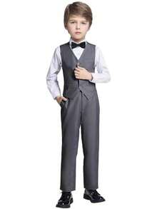 Boys Slim Fit 4-Piece Formal Suit Set - Vest, Pants & Shirt For Kids, Boys' Formal Wear For Weddings, Parties, School Events (2-14Y) - 灰色(領結) - 查看 1