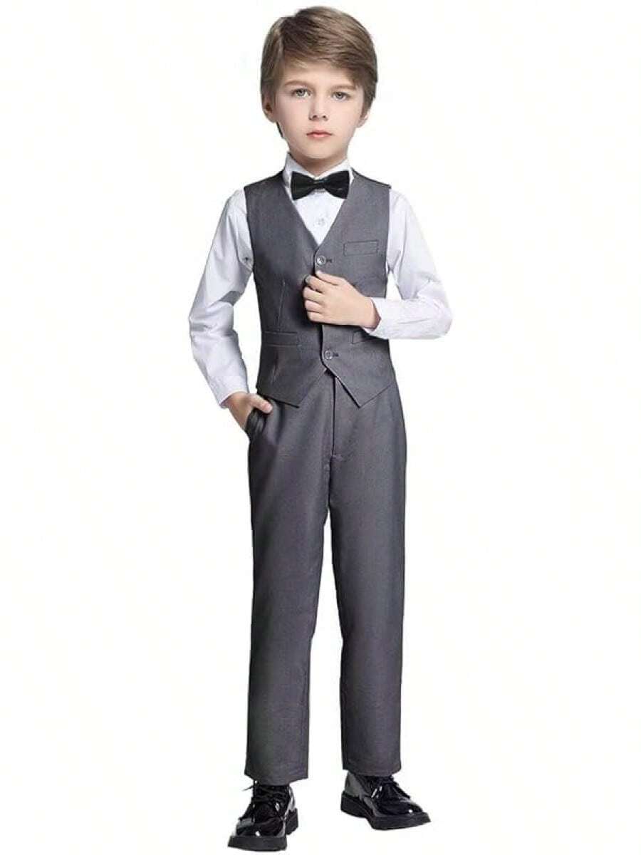 Boys Slim Fit 4-Piece Formal Suit Set - Vest, Pants & Shirt For Kids, Boys' Formal Wear For Weddings, Parties, School Events (2-14Y) - 灰色(領結) - 查看 1