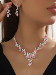 4pcs/Set Luxury Ditsy Floral Sweet Style Jewelry Set, Including Necklace, Earrings And Ring, Crystal Teardrop Design, Ideal For Party, Date, Gift And Casual Wear