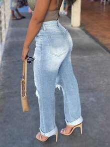 Womens Jeans,Jeans>Low Rise,Loose-Fitting Straight-Leg Casual Trousers Jeans, Hole Stretchy Solid Color Pans, Slimming And Cute Outfit,Wide Leg Jeans Woman, Slimming And Cute Outfit,Jeans Peteite,Stylish And Elegant, Suitable For Western Women, Outdoor Wear, Street Style, New Year's, Y2K Clothes,Christmas, Vacations, Holidays, Parties, Nightclubs,Thanksgiving, Clubs, Country Music Concerts, And Autumn Wear. - 淺色水洗藍 - 查看 5