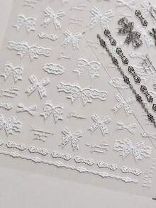 1片秋季新款白色/黑色蕾丝蝴蝶结美甲贴纸，可爱蝴蝶结美甲贴纸，白色/粉色3D自粘复古优雅蝴蝶结美甲设计用品，丝带蝴蝶结，女士DIY美甲装饰 - 彩色 - 查看 5