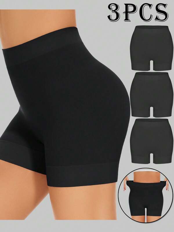 3PCS Women's Solid Color Anti-Exposure Safety Underwear, Comfortable Wide Hem Anti-Rolling Inner Safety Shorts, Seamless Smooth Boxer Shorts