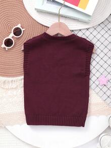 Boys' Collegiate Style Solid Color Cable Knit Sweater Vest - Burgundy - View 7